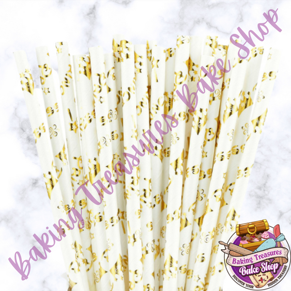Princess White & Gold Paper Straws*